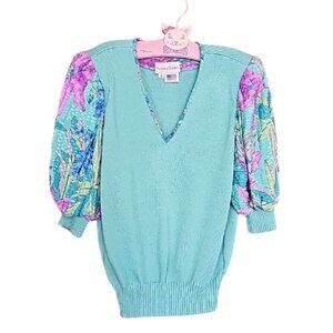 Vintage Anthony Sicari Mint Green Sweater with Floral puff  Sleeves Made in USA